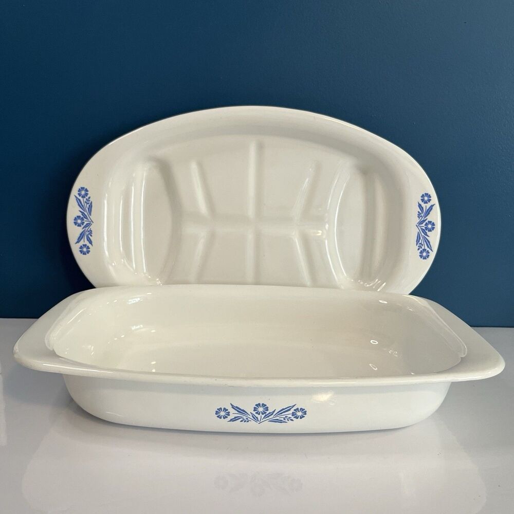 Vtg Corning Ware Blue Cornflower Platters Set Of (2) P21 Roaster & P19 Meat